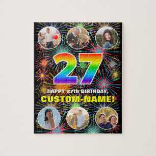 27th Birthday: Fun Rainbow #, Custom Name + Photos Jigsaw Puzzle