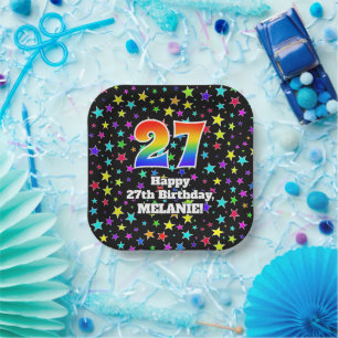 27th Birthday: Fun Stars Pattern and Rainbow “27” Paper Plate