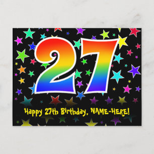 27th Birthday: Fun Stars Pattern, Rainbow 27, Name Postcard