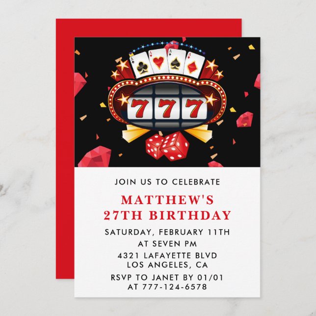 27th birthday invitations Casino theme Poker Red (Front/Back)