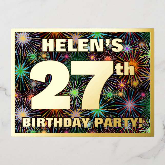 27th Birthday Party: Bold, Colourful Fireworks Loo Foil Invitation Postcard (Front)
