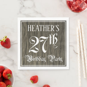 27th Birthday Party — Fancy Script, Faux Wood Look Napkin