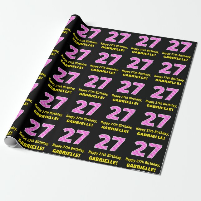27th Birthday: Pink Stripes and Hearts "27" + Name Wrapping Paper (Unrolled)