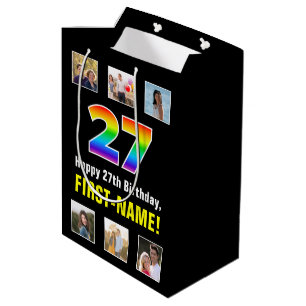 27th Birthday: Rainbow “27“, Custom Photos & Name Medium Gift Bag
