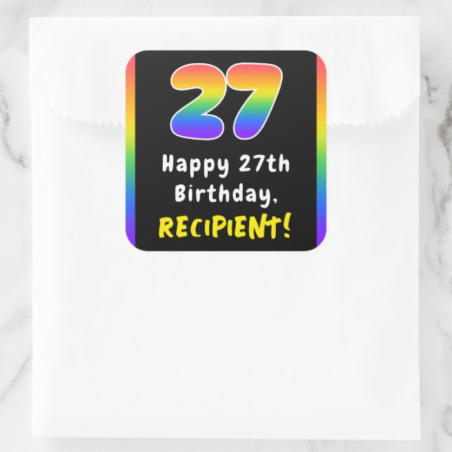 27th Birthday: Rainbow Spectrum # 27, Custom Name Square Sticker (Bag)