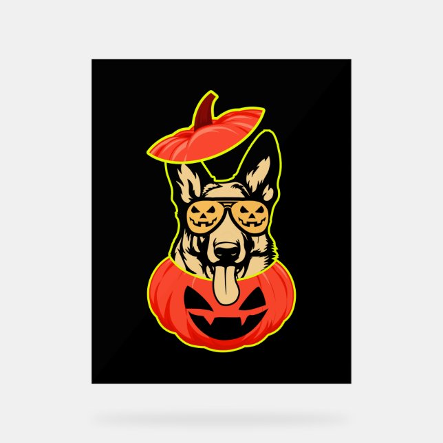 28 German Shepherd In Scary Pumpkin Shirt Funny Cu Acrylic Sign (Front)