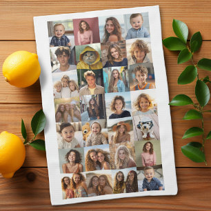 28 Photo Collage - Custom Text - Black and White Kitchen Towel