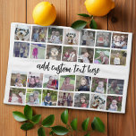 28 Photo Collage Grid - 1 Text box - black white Kitchen Towel<br><div class="desc">Use 28 SQUARE photos to create a personal photo collage. This modern, clean layout includes a text block in a modern script font to add a family name or a name. The background colour can be changed in the customize area. ***For best results for this multi photo layout - crop...</div>