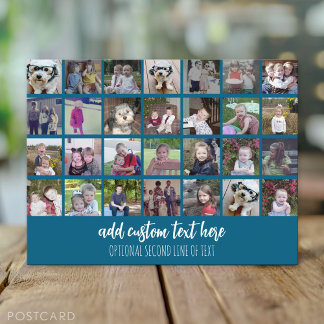 28 Photo Collage Grid - 2 Text boxes - blue white Postcard