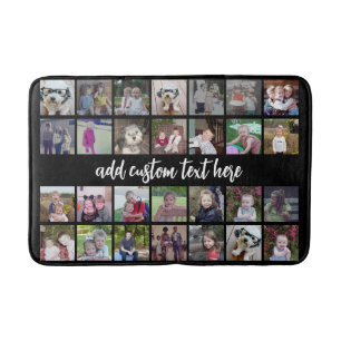 28 Photo Collage Grid - Script Text - black white Bath Mat