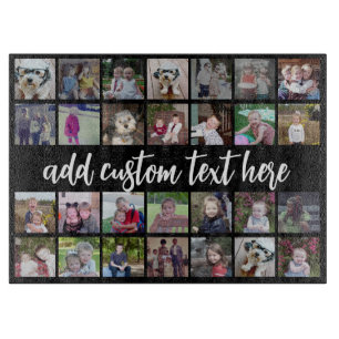 28 Photo Collage Grid - Script Text - black white Cutting Board
