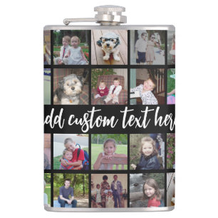 28 Photo Collage Grid - Script Text - black white Hip Flask