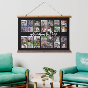 28 Photo Collage Montage and Text - Can Edit Black Hanging Tapestry