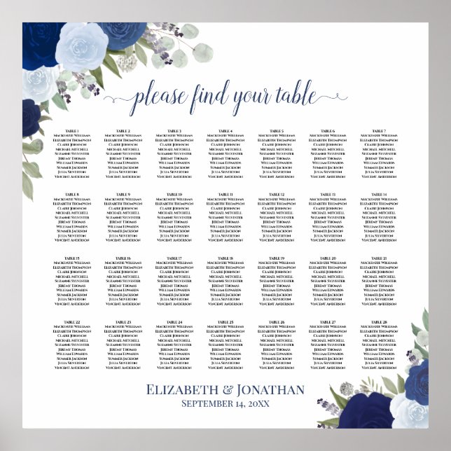 28 Table Blue Boho Floral Wedding Seating Chart (Front)