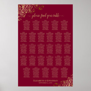 28 Table Burgundy with Gold Accents Seating Chart 