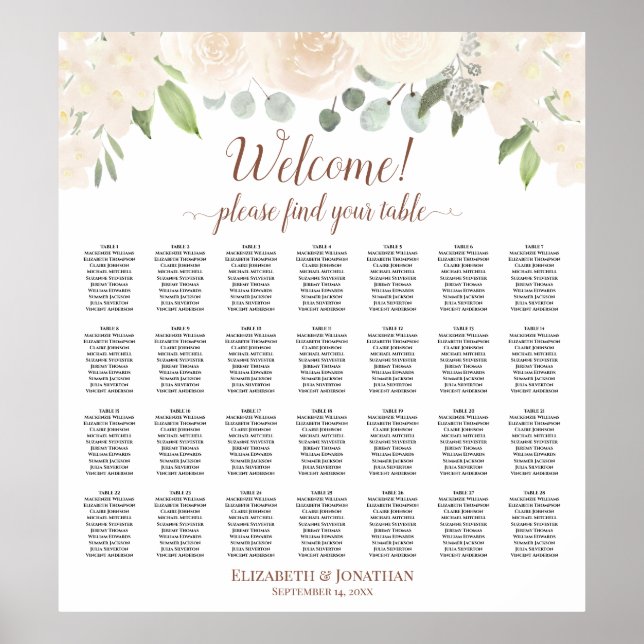 28 Table Champagne Blush Boho Floral Seating Chart (Front)