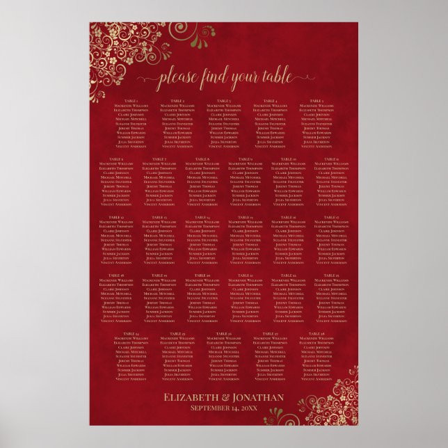 28 Table Elegant Red & Gold Wedding Seating Chart (Front)