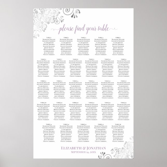 28 Table Lacy Wedding Seating Chart White Lavender (Front)
