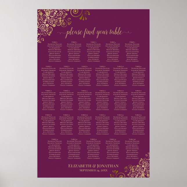 28 Table Magenta Plum & Gold Seating Chart (Front)