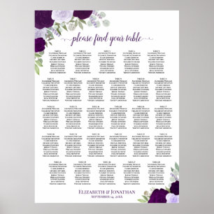 28 Table Purple Boho Floral Wedding Seating Chart