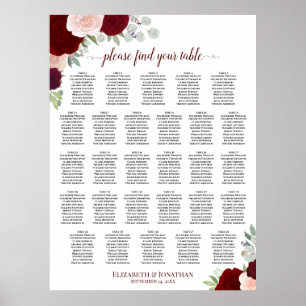 28 Table Red & Pink Roses Wedding Seating Chart