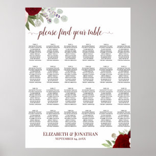 28 Table Red & Pink Roses Wedding Seating Chart