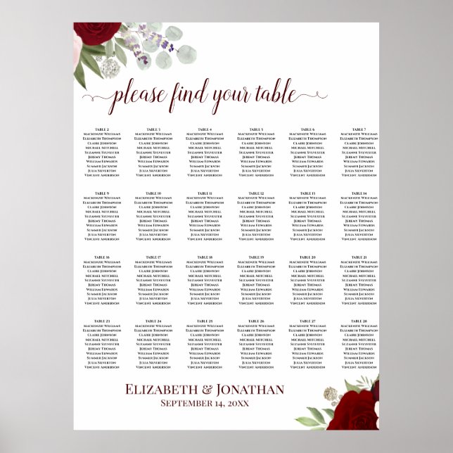 28 Table Red & Pink Roses Wedding Seating Chart (Front)
