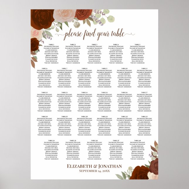 28 Table Rustic Fall Roses Wedding Seating Chart (Front)