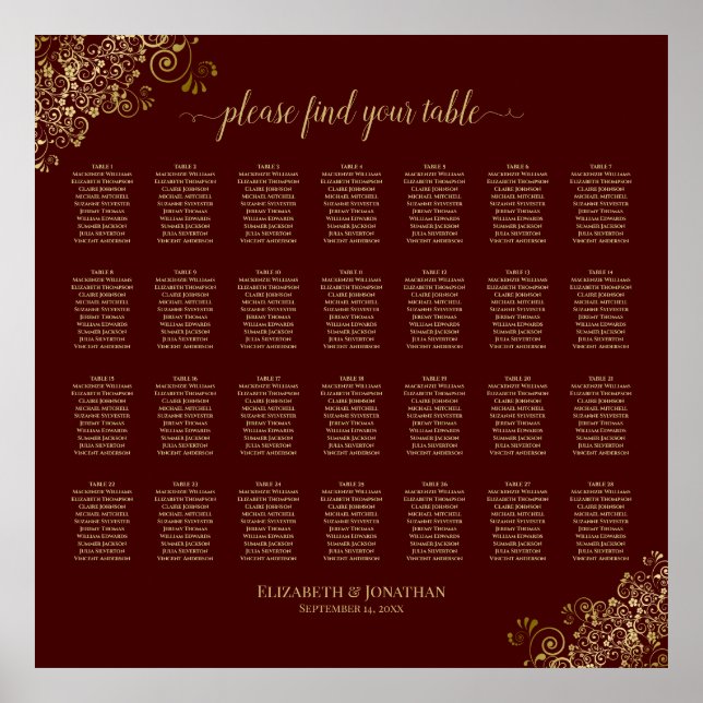 28 Table Wedding Seating Chart Auburn & Lacy Gold (Front)
