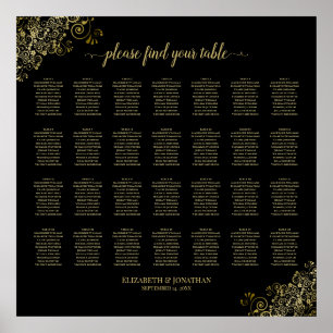 28 Table Wedding Seating Chart Black & Gold Frills