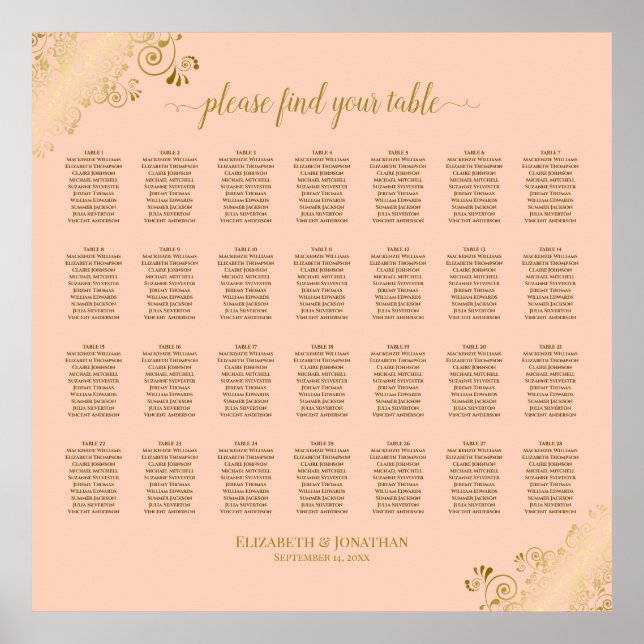 28 Table Wedding Seating Chart Coral Peach & Gold (Front)