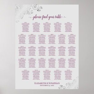 28 Table Wedding Seating Chart Magenta Plum & Grey