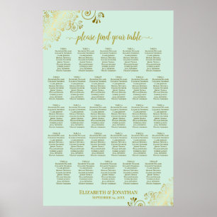 28 Table Wedding Seating Chart Mint Green & Gold