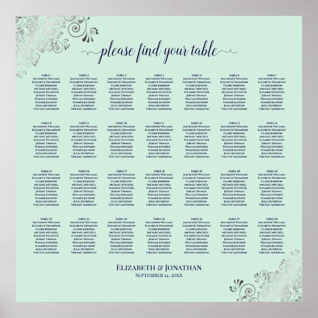 28 Table Wedding Seating Chart Mint Green & Navy (Front)