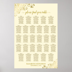 28 Table Wedding Seating Chart Ornate Gold & Cream