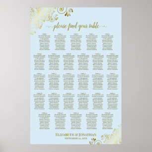 28 Table Wedding Seating Chart Powder Blue & Gold