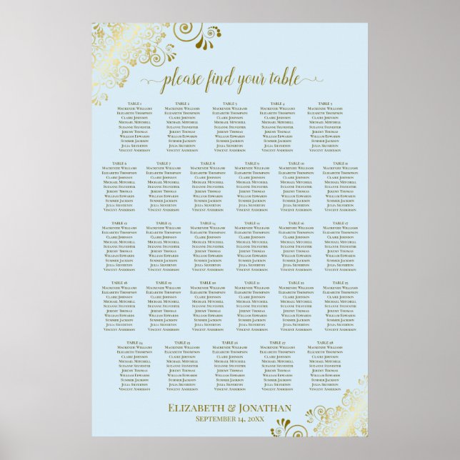 28 Table Wedding Seating Chart Powder Blue & Gold (Front)