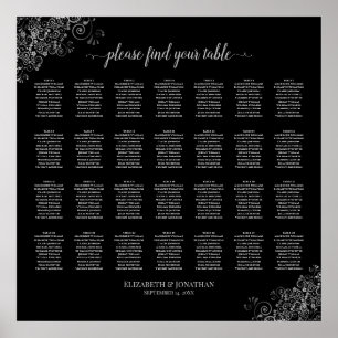 28 Table Wedding Seating Chart Silver Frills Black
