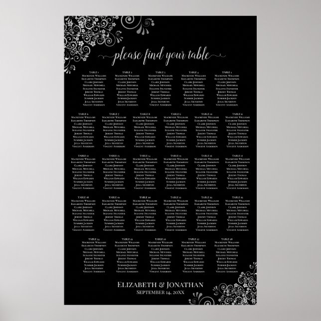 28 Table Wedding Seating Chart Silver Frills Black (Front)