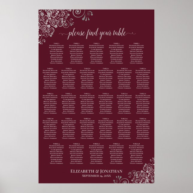28 Table Wedding Seating Chart Silver on Burgundy (Front)