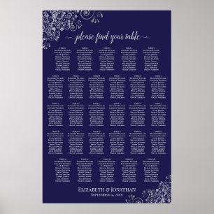28 Table Wedding Seating Chart Silver on Navy Blue