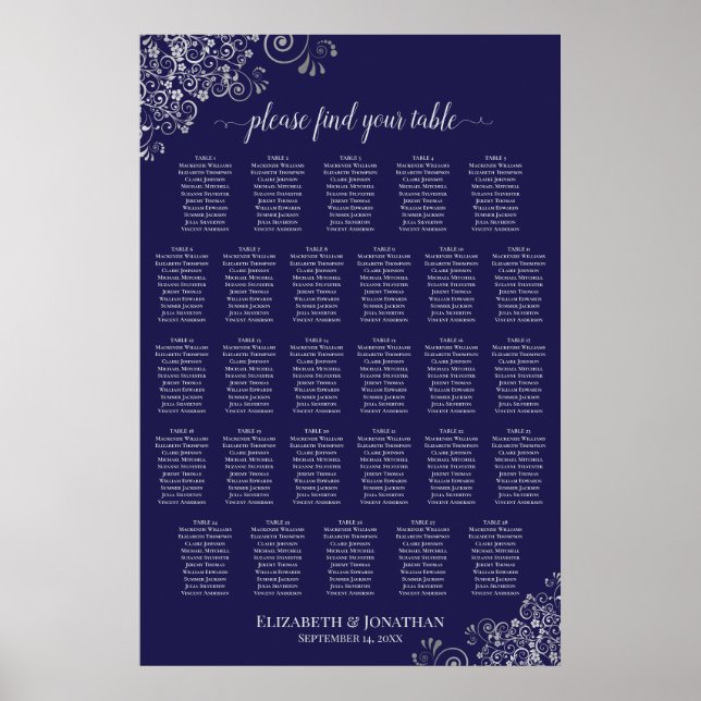 28 Table Wedding Seating Chart Silver on Navy Blue (Front)