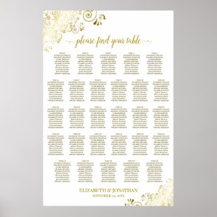 28 Table Wedding Seating Chart White & Gold Frills
