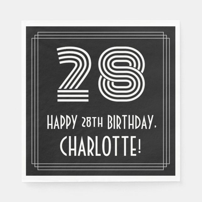 28th Birthday: Art Deco Inspired Look "28" + Name Napkin (Front)