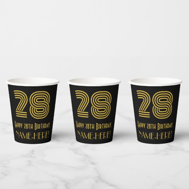 28th Birthday: Art Deco Inspired Look “28” & Name Paper Cups (Multi)