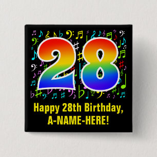 28th Birthday: Colorful Music Symbols, Rainbow 28 2 Inch Square Button