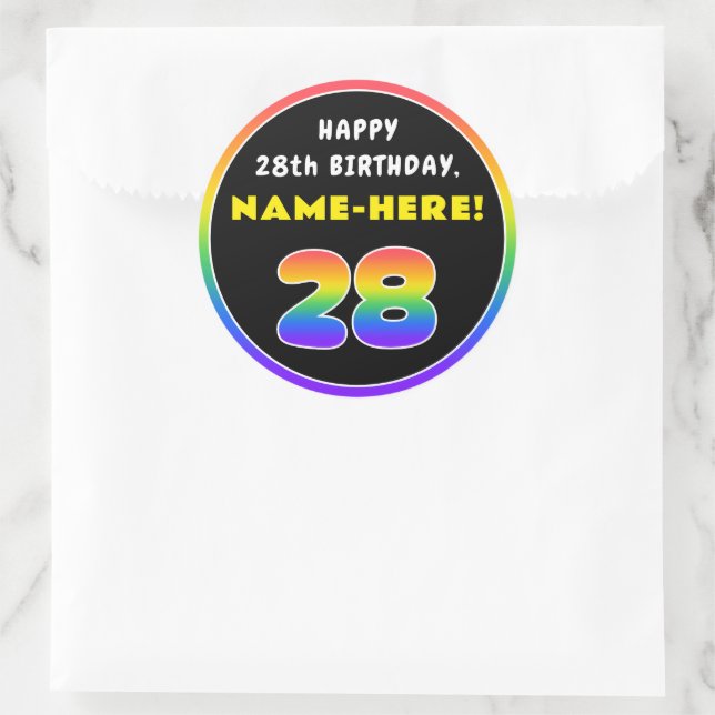 28th Birthday: Colorful Rainbow # 28, Custom Name Classic Round Sticker (Bag)