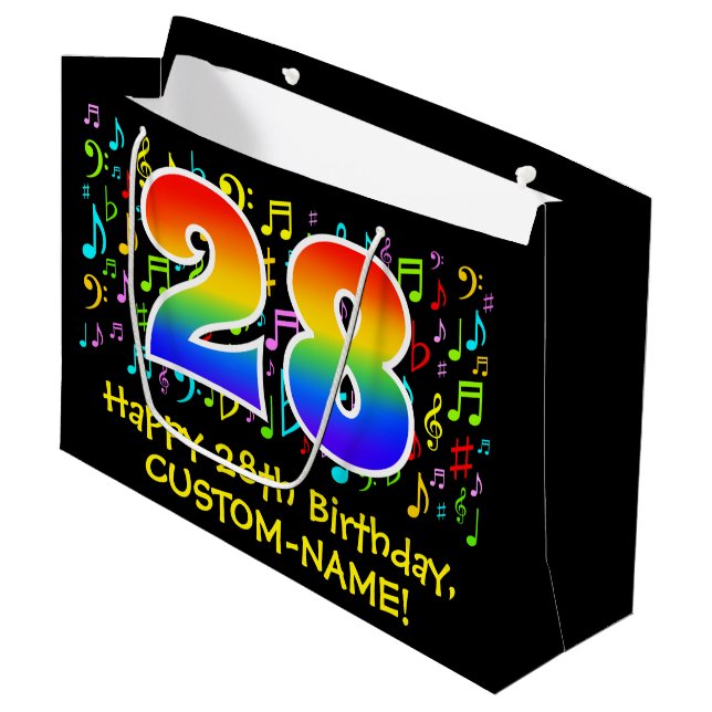 28th Birthday - Colourful Music Symbols, Rainbow 2 Large Gift Bag (Front Angled)