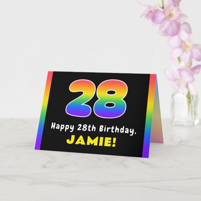 28th Birthday: Colourful Rainbow # 28, Custom Name Card (Orchid)