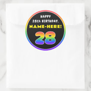 28th Birthday: Colourful Rainbow # 28, Custom Name Classic Round Sticker